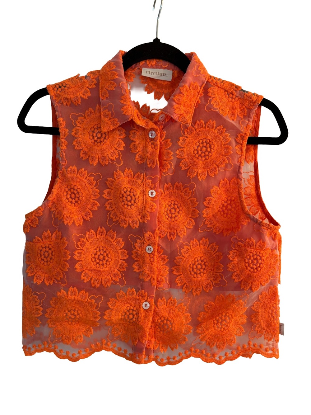 RHYTHM Orange Sunflower Embroidered Lace Button Down Crop Top - Size S